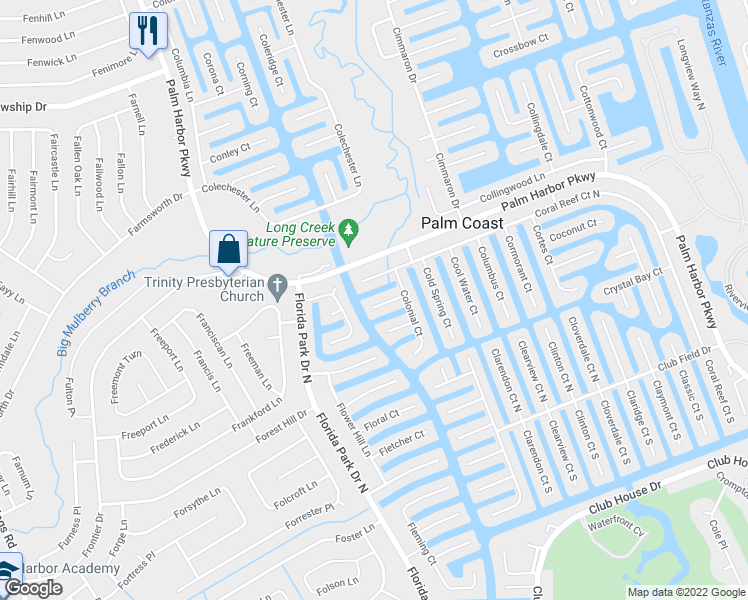 map of restaurants, bars, coffee shops, grocery stores, and more near 16 Colony Court in Palm Coast
