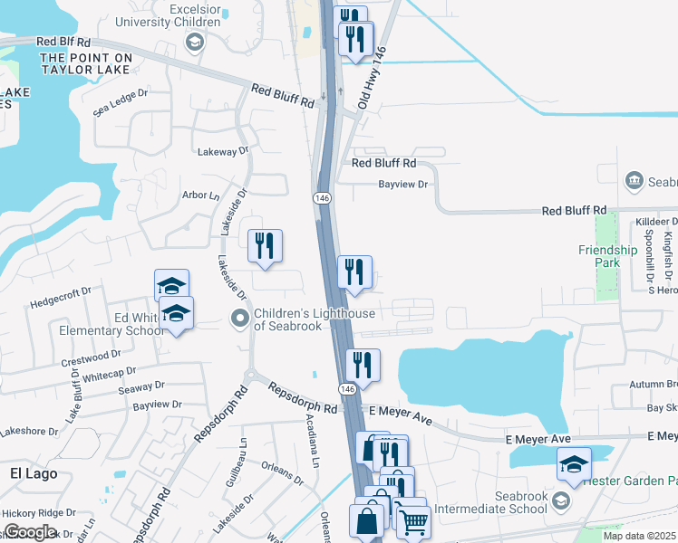 map of restaurants, bars, coffee shops, grocery stores, and more near 2102 Seabrook Circle in Seabrook