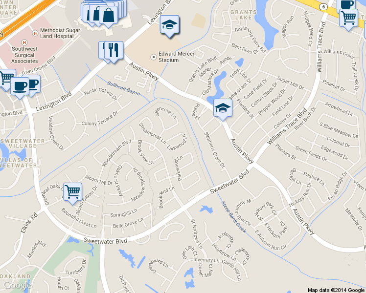map of restaurants, bars, coffee shops, grocery stores, and more near 3307 Larkwood Lane in Sugar Land