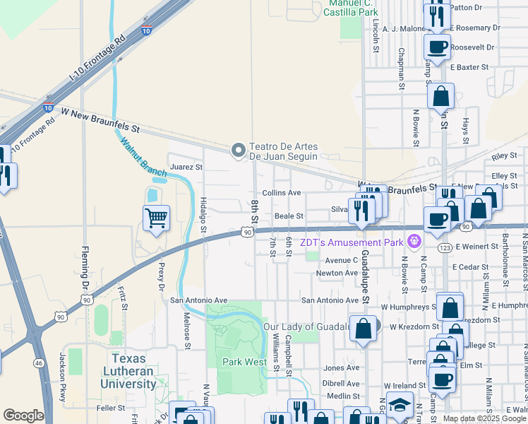 map of restaurants, bars, coffee shops, grocery stores, and more near 1311 7th Street in Seguin