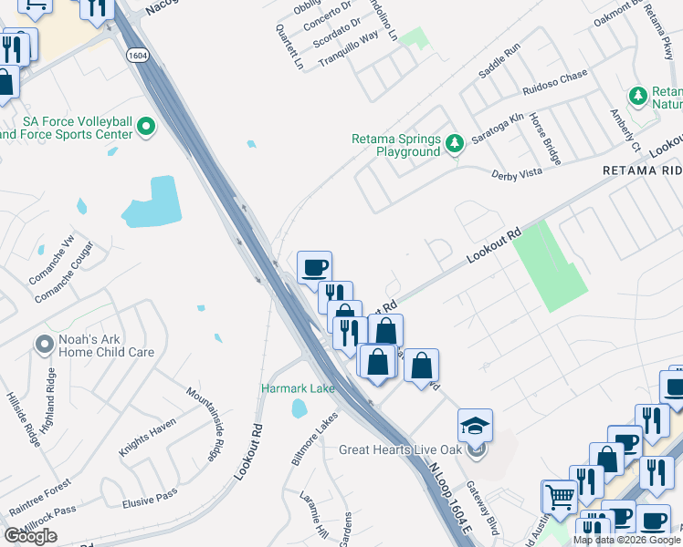 map of restaurants, bars, coffee shops, grocery stores, and more near 7319 North Loop 1604 East in Live Oak