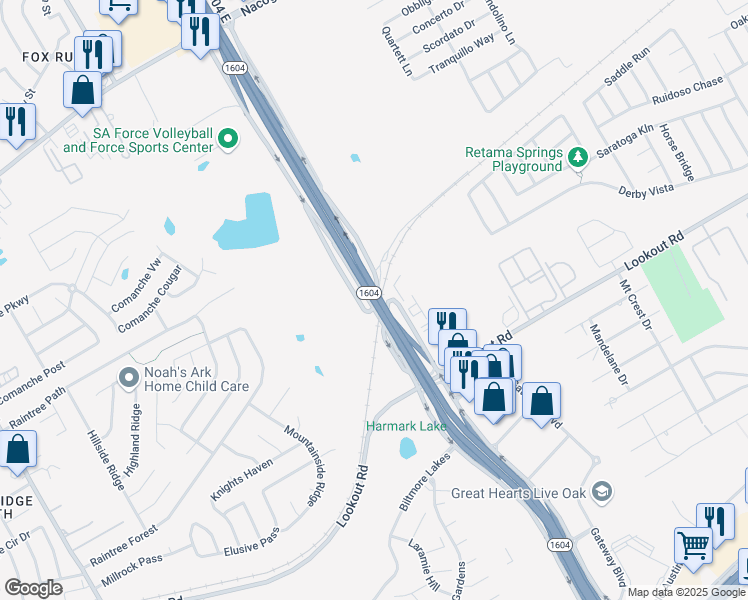 map of restaurants, bars, coffee shops, grocery stores, and more near 7196 North Loop 1604 East in San Antonio