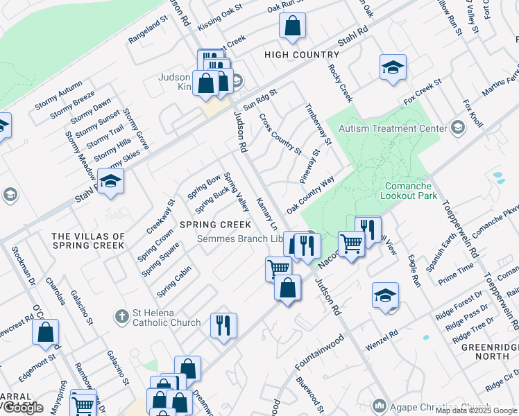 map of restaurants, bars, coffee shops, grocery stores, and more near 15127 Kamary Lane in San Antonio