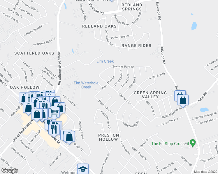 map of restaurants, bars, coffee shops, grocery stores, and more near 15406 Elm Park Street in San Antonio