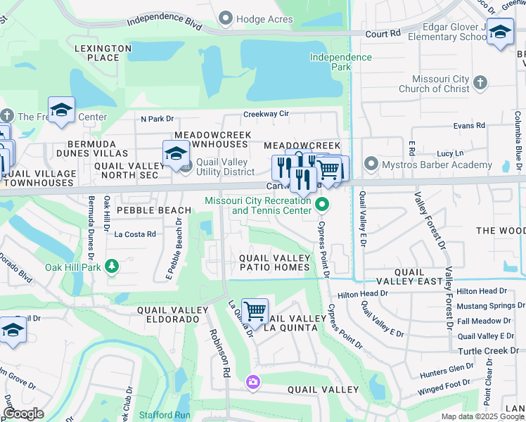 map of restaurants, bars, coffee shops, grocery stores, and more near 2805 Yorktown Lane in Missouri City