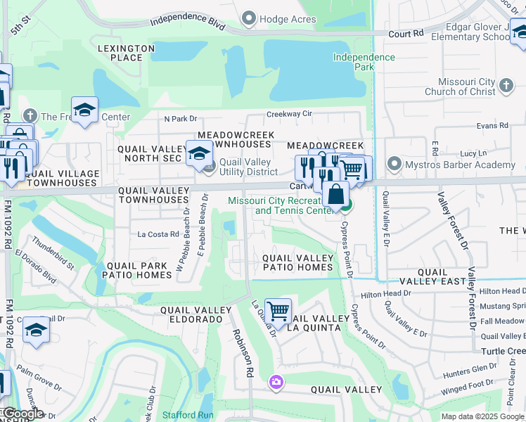 map of restaurants, bars, coffee shops, grocery stores, and more near 2911 Nottingham Lane in Missouri City