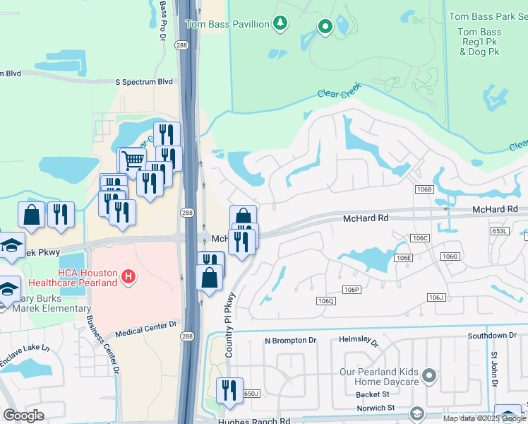 map of restaurants, bars, coffee shops, grocery stores, and more near 2758 Laguna Pointe Drive in Pearland