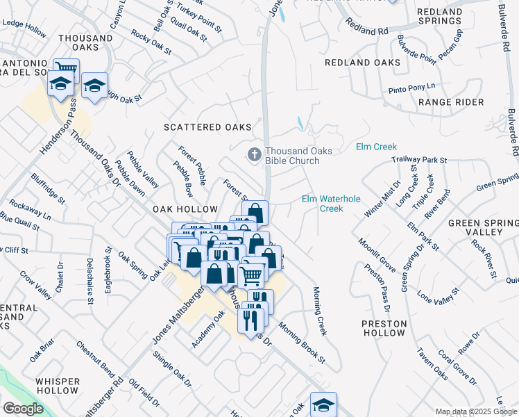 map of restaurants, bars, coffee shops, grocery stores, and more near 2751 Forest Spur in San Antonio