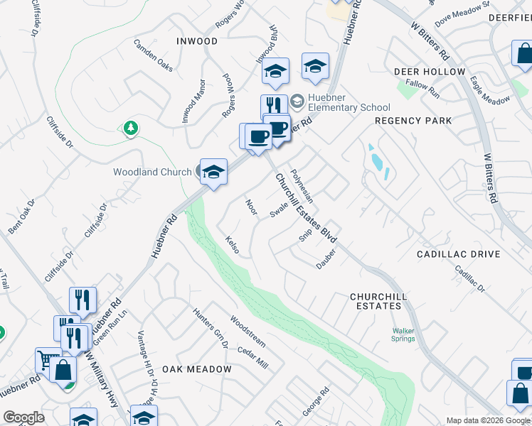 map of restaurants, bars, coffee shops, grocery stores, and more near 14807 Swale in San Antonio