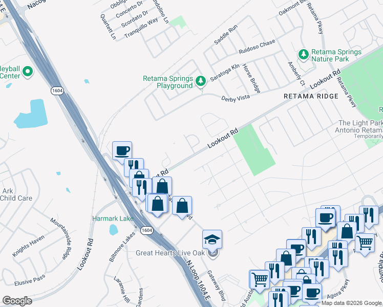 map of restaurants, bars, coffee shops, grocery stores, and more near 15497 Lookout Road in Selma