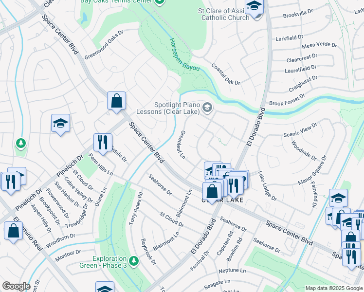 map of restaurants, bars, coffee shops, grocery stores, and more near 15211 Greenleaf Lane in Houston