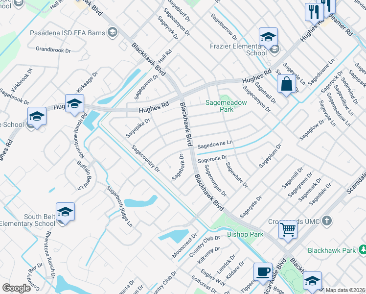 map of restaurants, bars, coffee shops, grocery stores, and more near 9859 Sagedowne Lane in Houston