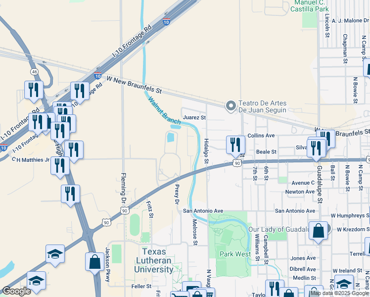 map of restaurants, bars, coffee shops, grocery stores, and more near 1326 Aldama Street in Seguin