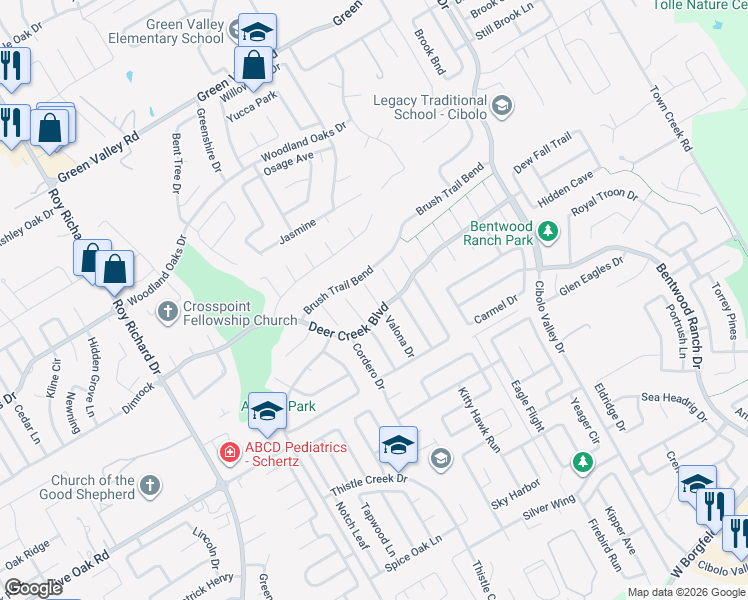 map of restaurants, bars, coffee shops, grocery stores, and more near 124 Valona Drive in Cibolo