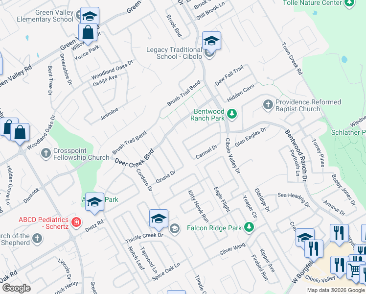 map of restaurants, bars, coffee shops, grocery stores, and more near 125 Fazio Drive in Cibolo