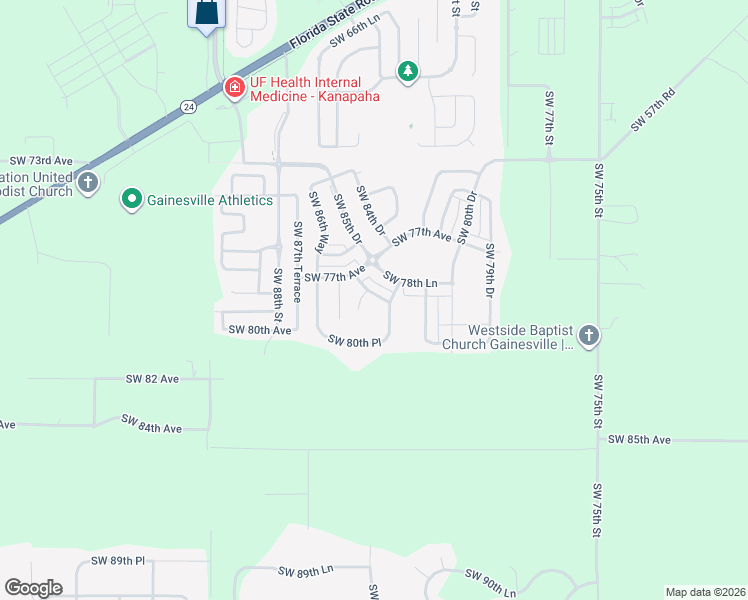 map of restaurants, bars, coffee shops, grocery stores, and more near 8393 Southwest 78th Road in Gainesville