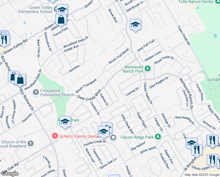 map of restaurants, bars, coffee shops, grocery stores, and more near 217 Tierra Grande in Cibolo