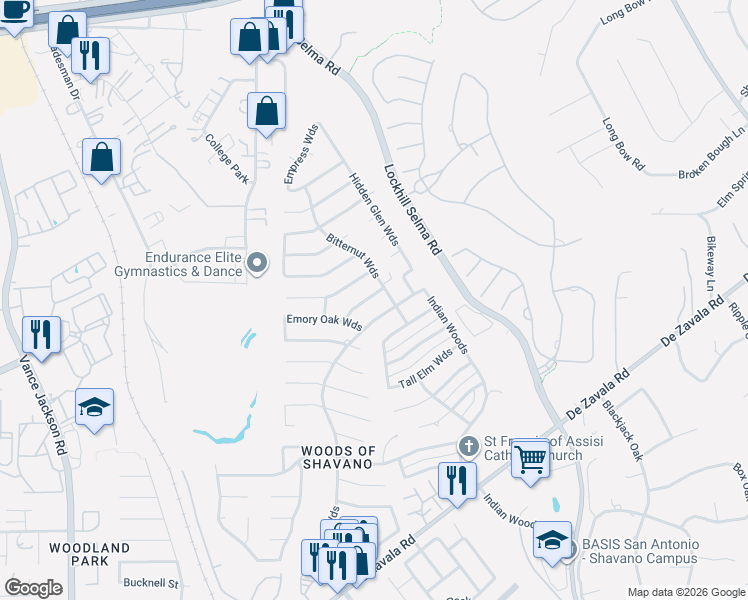 map of restaurants, bars, coffee shops, grocery stores, and more near 4510 Honey Locust Woods in San Antonio