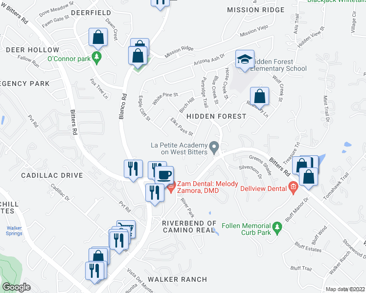map of restaurants, bars, coffee shops, grocery stores, and more near 15615 Powder River in San Antonio