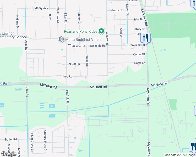 map of restaurants, bars, coffee shops, grocery stores, and more near 6608 Rice Road in Pearland