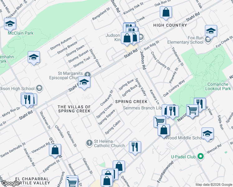 map of restaurants, bars, coffee shops, grocery stores, and more near 15247 Spring Corner in San Antonio