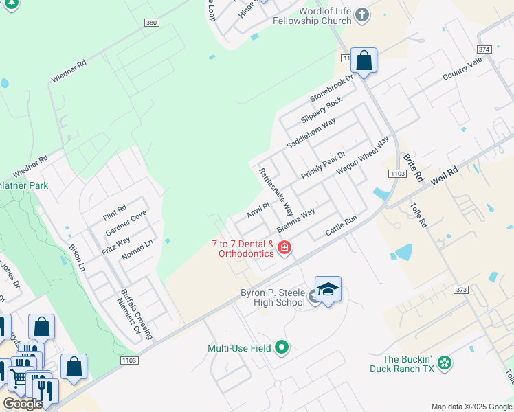 map of restaurants, bars, coffee shops, grocery stores, and more near 133 Steer Lane in Cibolo