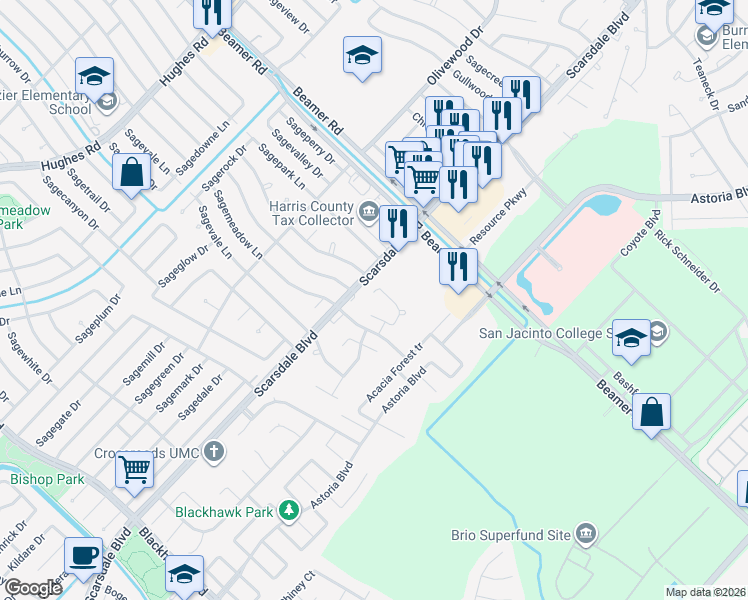 map of restaurants, bars, coffee shops, grocery stores, and more near 10606 Penny Park Trail in Houston