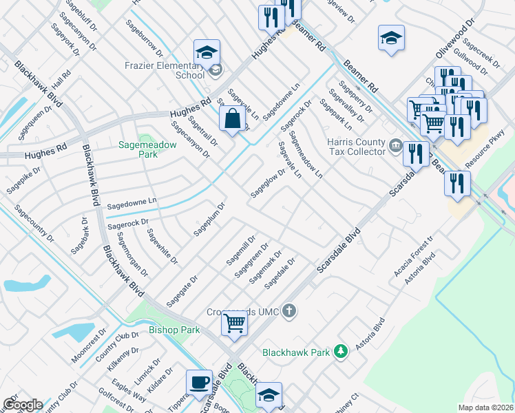 map of restaurants, bars, coffee shops, grocery stores, and more near 10303 Sagegate Drive in Houston