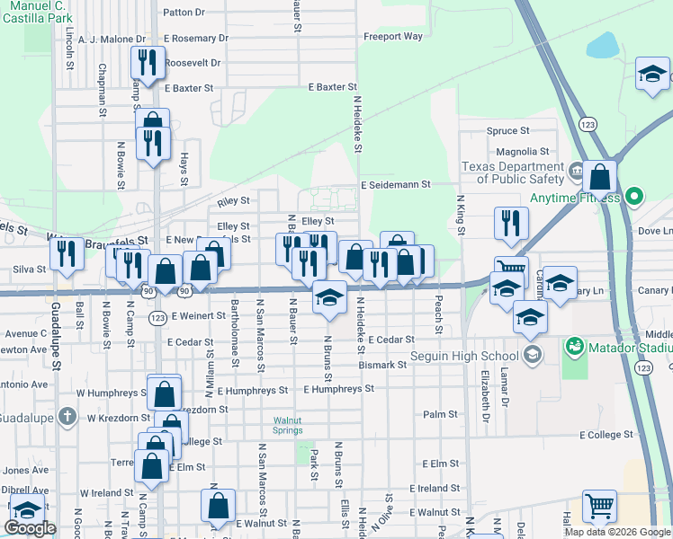 map of restaurants, bars, coffee shops, grocery stores, and more near 441 Moore Street in Seguin