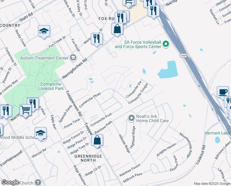 map of restaurants, bars, coffee shops, grocery stores, and more near 15246 Comanche Mist in San Antonio