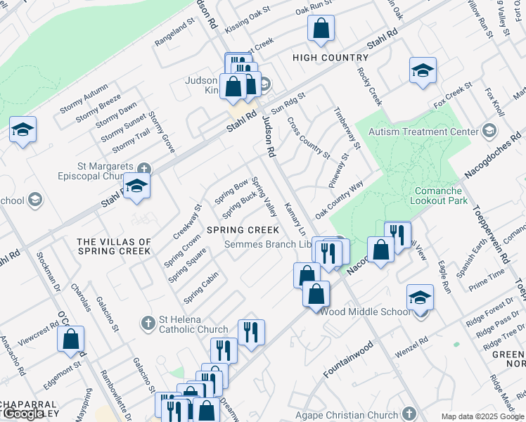 map of restaurants, bars, coffee shops, grocery stores, and more near 5962 Spring Crossing in San Antonio