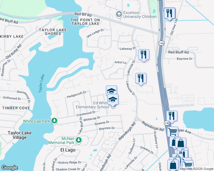 map of restaurants, bars, coffee shops, grocery stores, and more near 1823 Raintree Circle in El Lago
