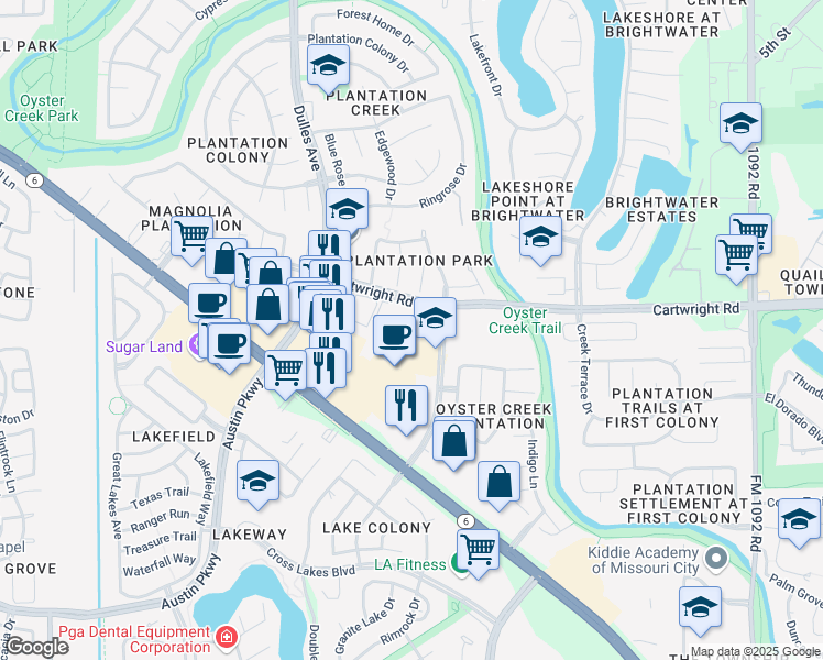 map of restaurants, bars, coffee shops, grocery stores, and more near 4501 Cartwright Road in Missouri City