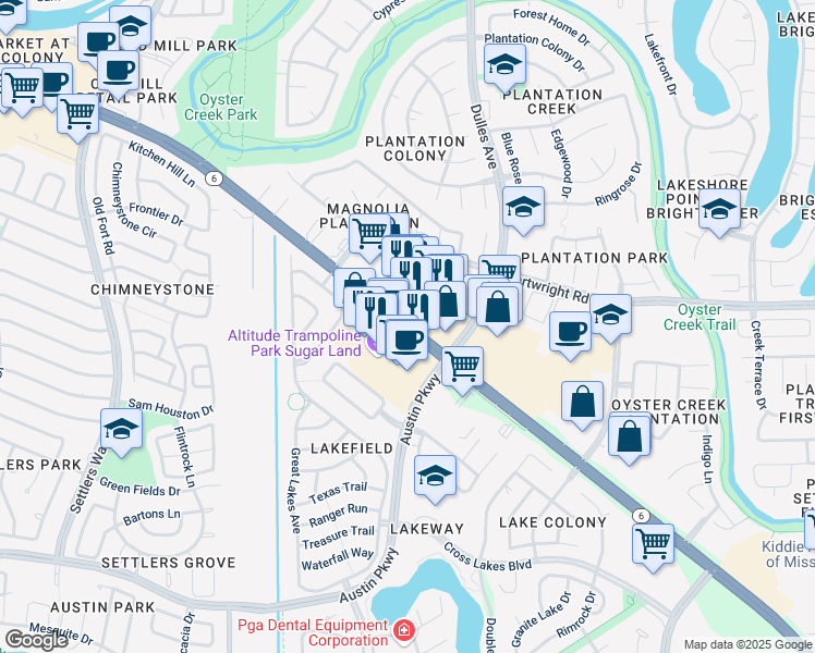 map of restaurants, bars, coffee shops, grocery stores, and more near 4530 Highway 6 in Sugar Land