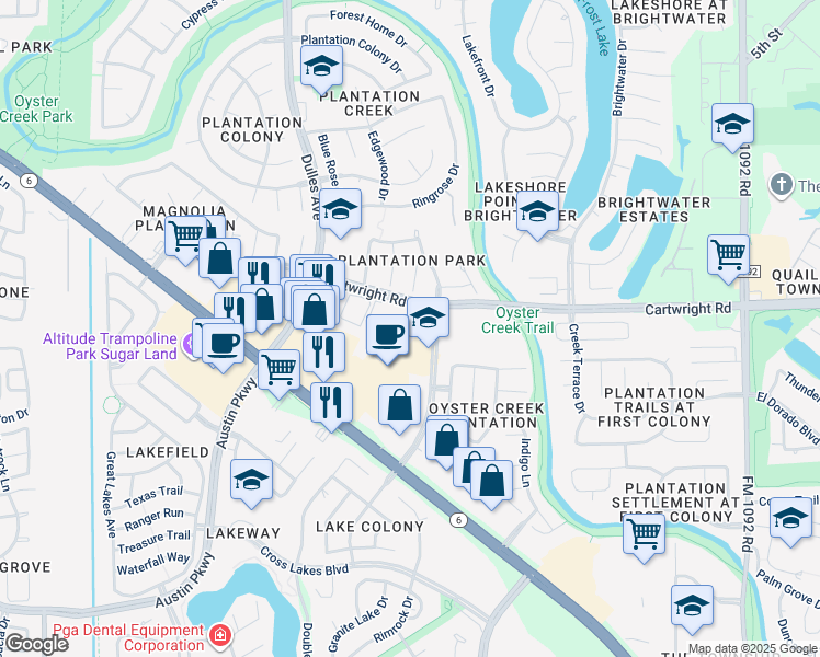 map of restaurants, bars, coffee shops, grocery stores, and more near 4501 Cartwright Road in Missouri City