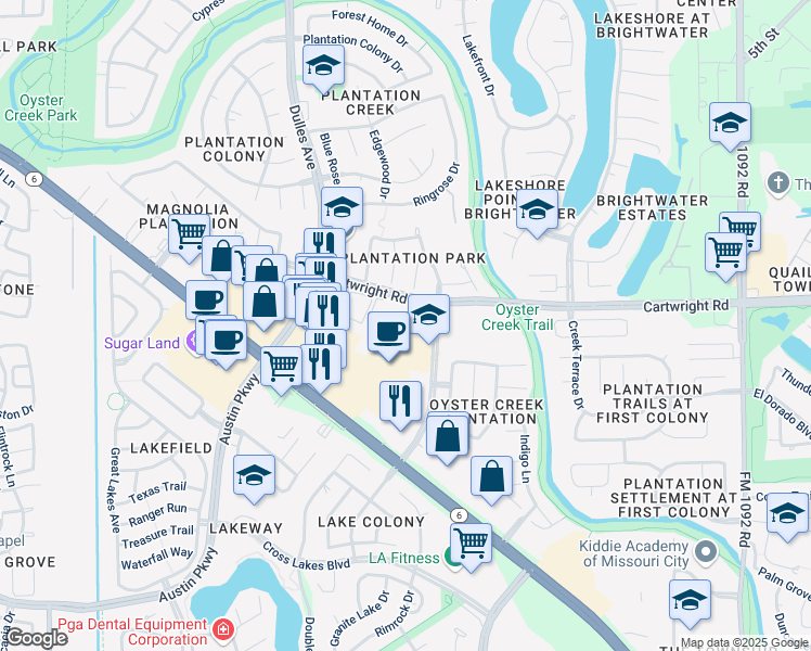 map of restaurants, bars, coffee shops, grocery stores, and more near 4501 Cartwright Road in Missouri City