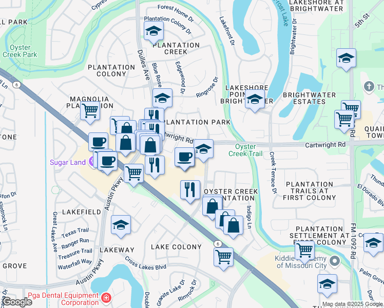 map of restaurants, bars, coffee shops, grocery stores, and more near 4501 Cartwright Road in Missouri City