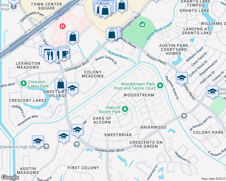 map of restaurants, bars, coffee shops, grocery stores, and more near 3310 Stillmeadow Drive in Sugar Land