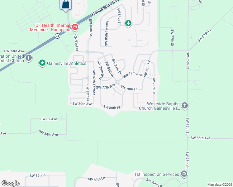 map of restaurants, bars, coffee shops, grocery stores, and more near 8393 Southwest 78th Road in Gainesville