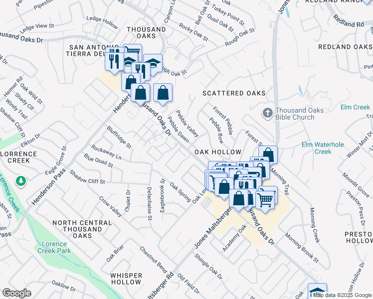 map of restaurants, bars, coffee shops, grocery stores, and more near 2640 Thousand Oaks Drive in San Antonio