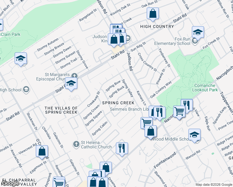 map of restaurants, bars, coffee shops, grocery stores, and more near 5935 Spring Crossing in San Antonio