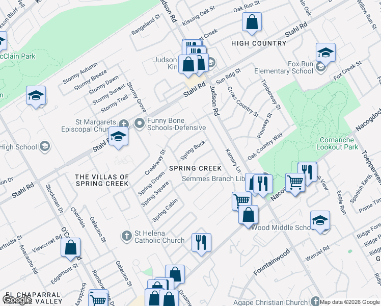 map of restaurants, bars, coffee shops, grocery stores, and more near 5935 Spring Crossing in San Antonio