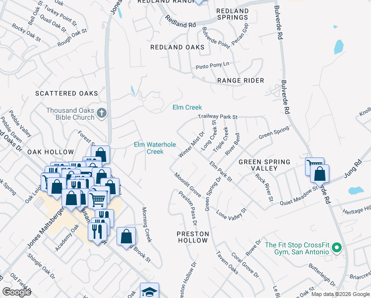 map of restaurants, bars, coffee shops, grocery stores, and more near 15406 Elm Park Street in San Antonio