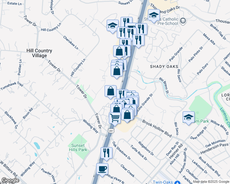 map of restaurants, bars, coffee shops, grocery stores, and more near 15327 San Pedro Avenue in San Antonio