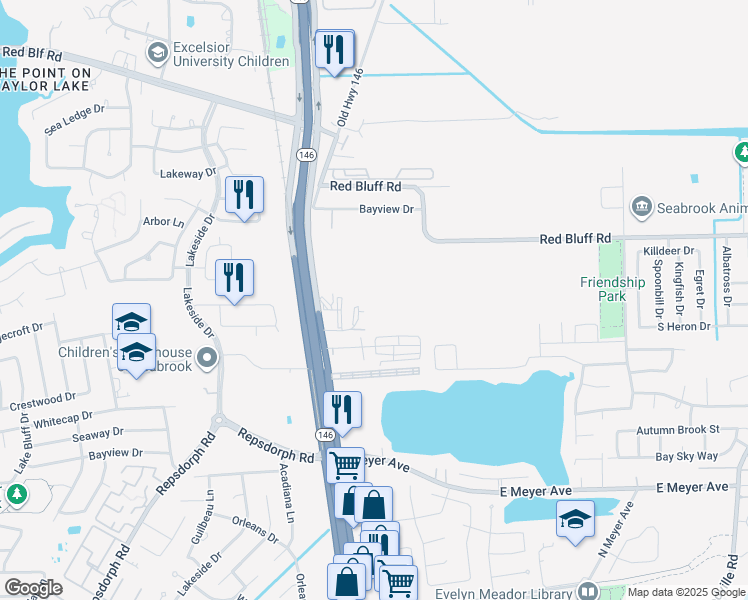 map of restaurants, bars, coffee shops, grocery stores, and more near 3300 Towers Boulevard in Seabrook
