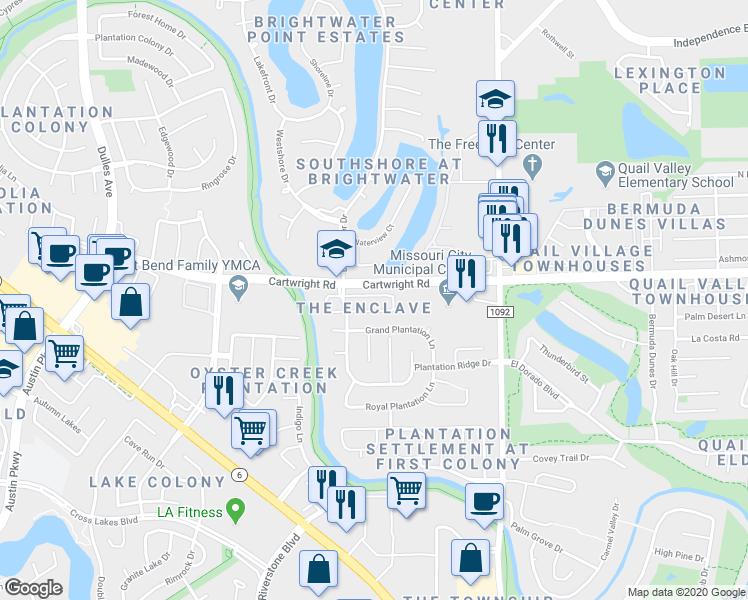 map of restaurants, bars, coffee shops, grocery stores, and more near 4023 Creek Ridge Lane in Missouri City