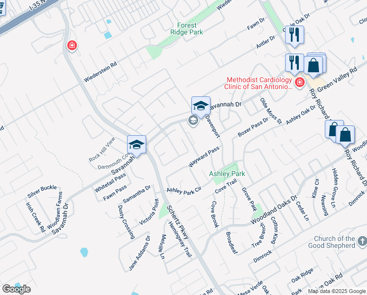 map of restaurants, bars, coffee shops, grocery stores, and more near 3516 Hamilton Place in Schertz
