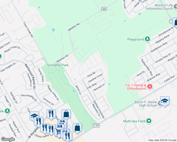 map of restaurants, bars, coffee shops, grocery stores, and more near 221 Hinsdale Run in Cibolo
