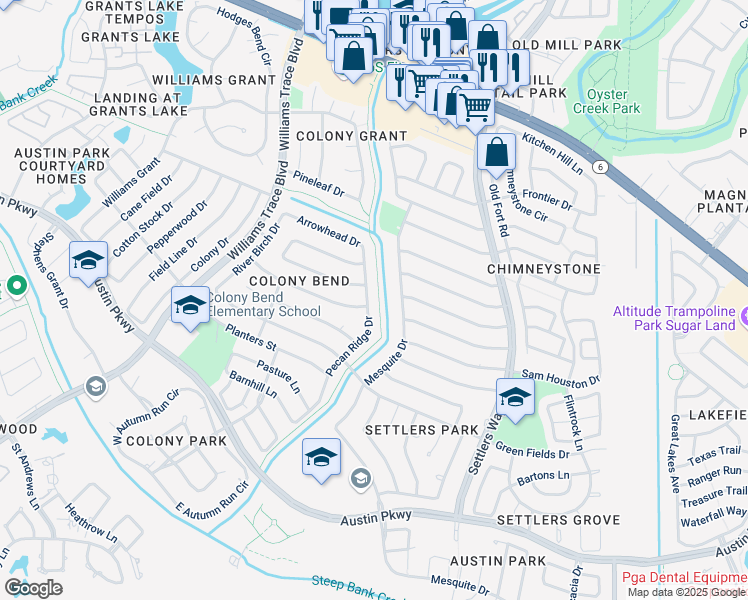 map of restaurants, bars, coffee shops, grocery stores, and more near 2822 Pecan Ridge Drive in Sugar Land
