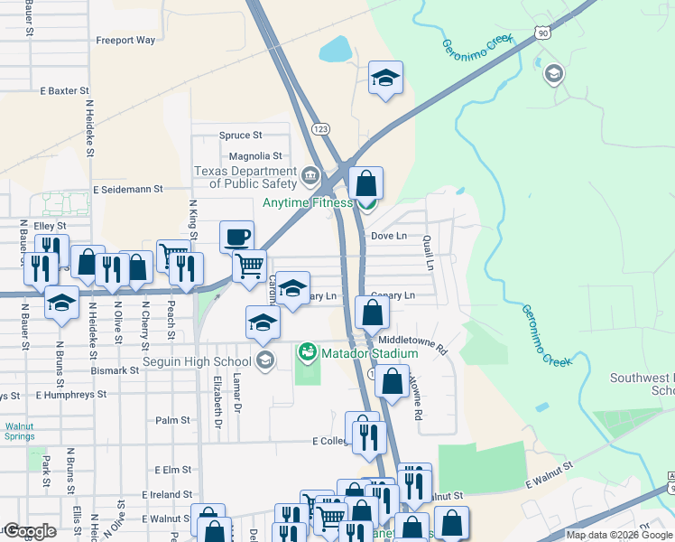 map of restaurants, bars, coffee shops, grocery stores, and more near 1335 Mockingbird Lane in Seguin